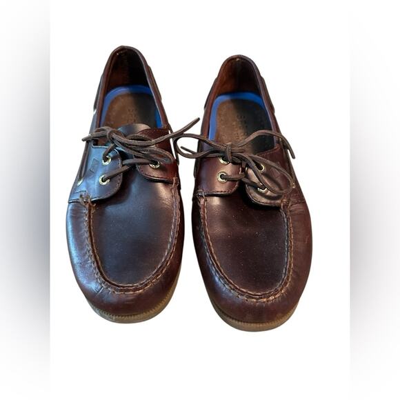 Sperry Topsiders EUC Brown Leather Boat shoes gold trim men’s size 11